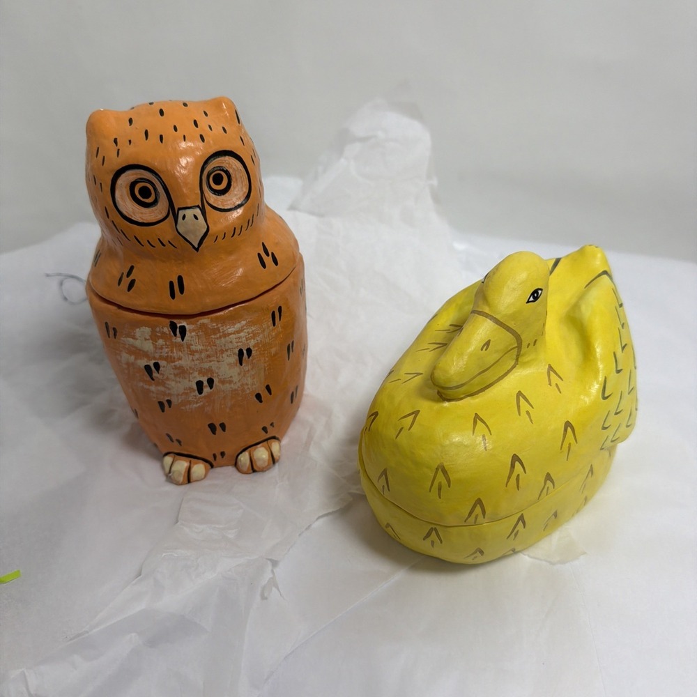 2 Pfaltzgraff Pistoulet Jana Kolpen Trinket Boxes Paper Mache Duck And Owl